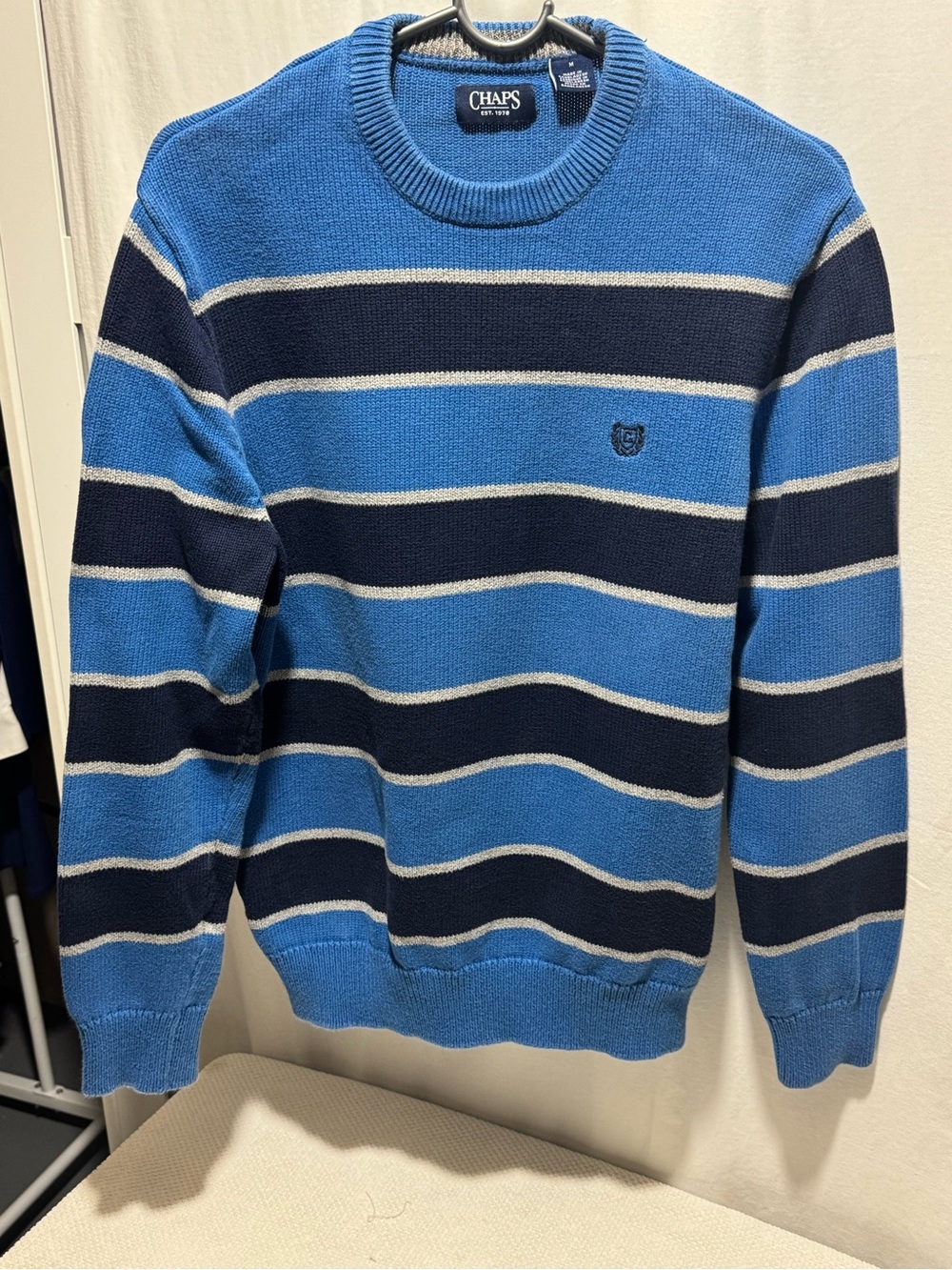 Chaps Men’s Light Blue & Navy Striped Crewneck Sweater